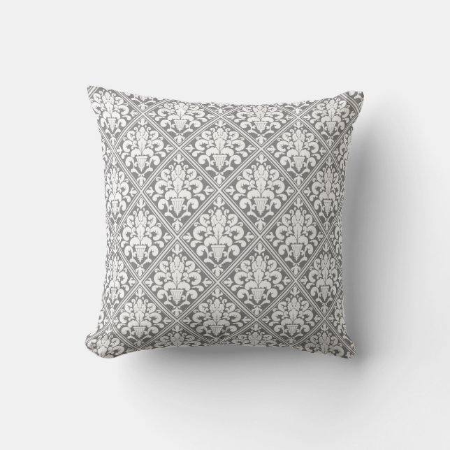 Ornate Gray White Damask Throw Pillow (Front)