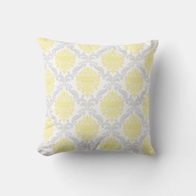 Ornate Gray Yellow Damask Throw Pillow (Front)