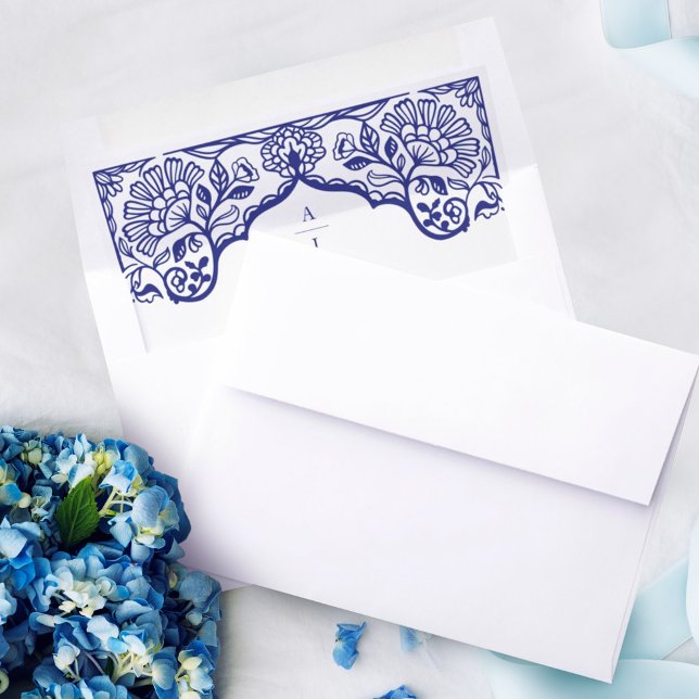 Ornate Greek Floral Pattern Blue Wedding Monogram Envelope Liner (Ornate Greek Floral Pattern Blue Wedding Monogram Envelope Liner)