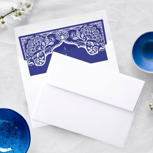 Ornate Greek Floral Pattern Blue Wedding Monogram Envelope Liner (Ornate Greek Floral Pattern Blue Wedding Monogram Envelope Liner)