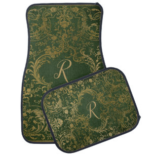 Ornate Green and Gold Monogrammed Car Mat Set