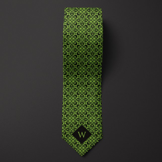 Ornate Green & Black Arabesque Monogram Neck Tie (Creator Uploaded)