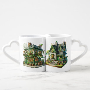 ORNATE GREEN CELTIC IRISH HOUSES COFFEE MUG SET