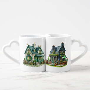 ORNATE GREEN CELTIC IRISH HOUSES COFFEE MUG SET