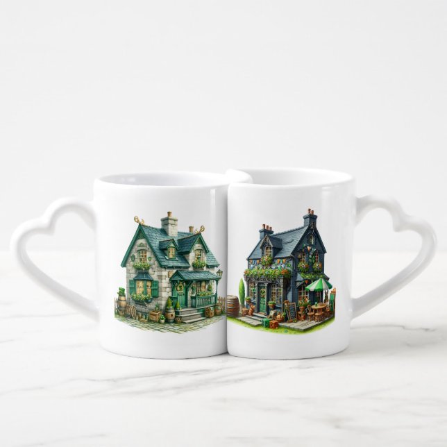 ORNATE GREEN CELTIC IRISH HOUSES COFFEE MUG SET (Front Nesting)