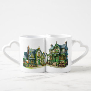ORNATE GREEN CELTIC IRISH HOUSES COFFEE MUG SET
