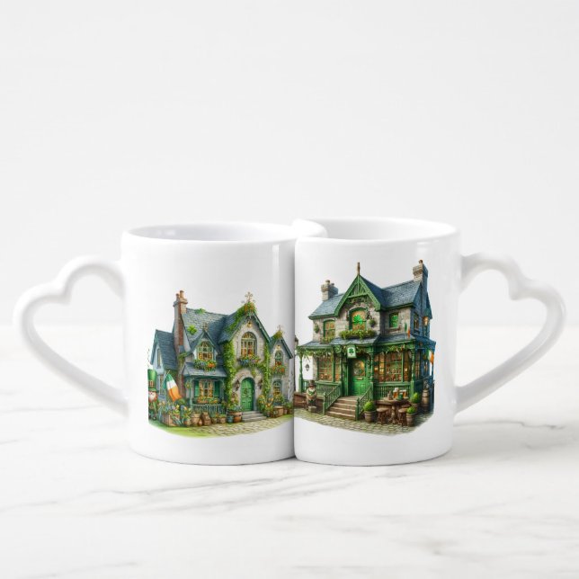 ORNATE GREEN CELTIC IRISH HOUSES COFFEE MUG SET (Front Nesting)