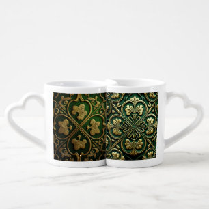 ORNATE GREEN & GOLD IRISH CELTIC SHAMROCKS COFFEE MUG SET