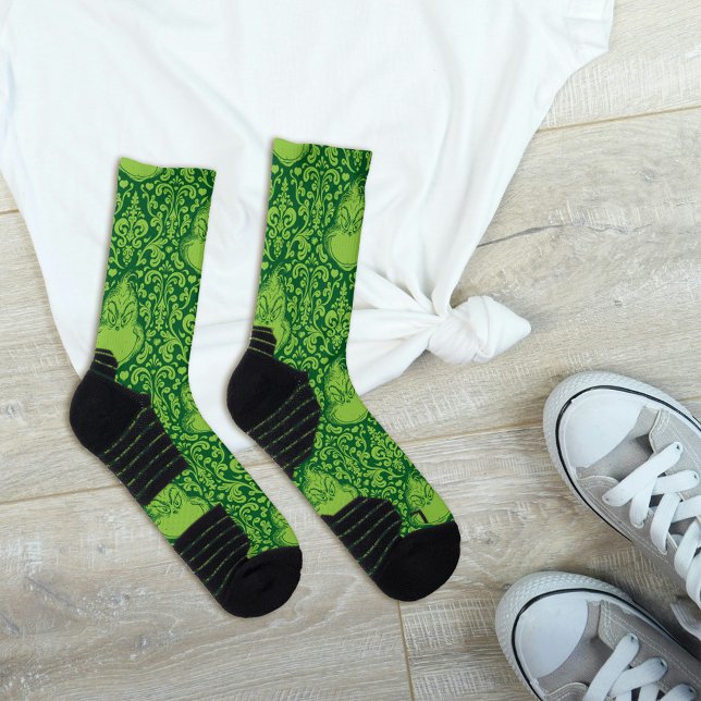 Ornate Green Grinch Pattern Socks (Socks on floor)
