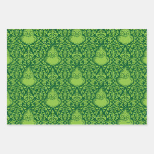 Ornate Green Grinch Pattern Wrapping Paper Sheets