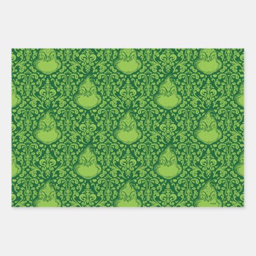 Ornate Green Grinch Pattern Wrapping Paper Sheets