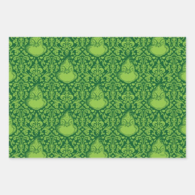 Ornate Green Grinch Pattern Wrapping Paper Sheets (Front)