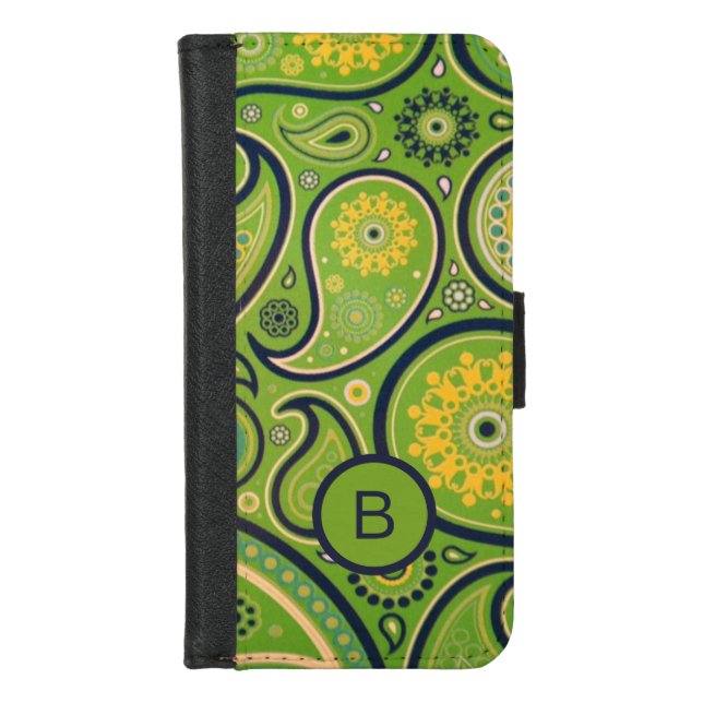 Ornate Green Paisley Pattern Monogram iPhone Wallet Case (Front)