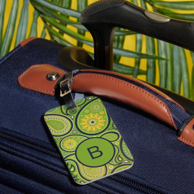 Ornate Green Paisley Pattern Monogram Luggage Tag (Front Insitu 1)