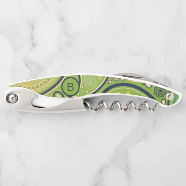 Ornate Green Paisley Pattern Monogram Waiter's Corkscrew (Front)