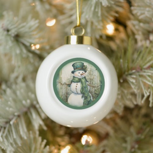 Ornate Green Snowman Dressed For Snow Ceramic Ball Christmas Ornament