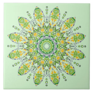 Ornate Green Yellow Mandala 2 Ceramic Tile