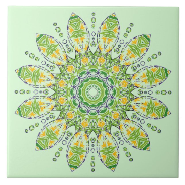 Ornate Green Yellow Mandala 2 Ceramic Tile (Front)
