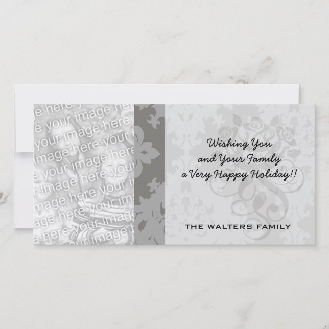 ornate grey diamond damask design holiday card (Front)