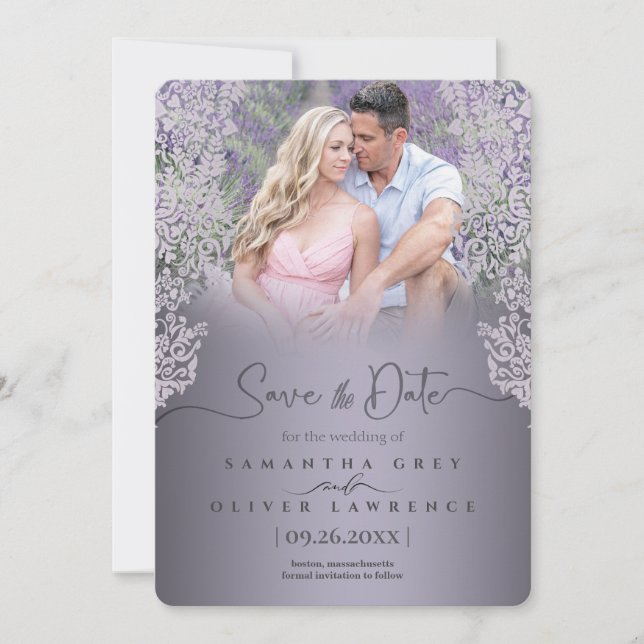 Ornate Greyish Pink Damask Save the Date Card (Front)