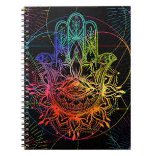 Ornate hamsa: hand-drawn neon pattern. notebook