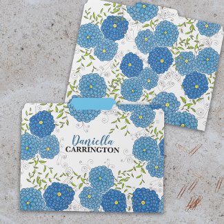 Ornate Hand-drawn Blue Flowers and Green Leaves