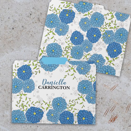Ornate Hand_drawn Blue Flowers and Green Leaves File Folder