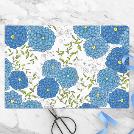 Ornate Hand-Drawn Blue Flowers and Green Leaves