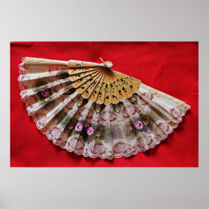 Ornate Hand Held Fan on a Red Background Poster