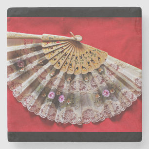 Ornate Hand Held Fan on a Red Background Stone Coaster