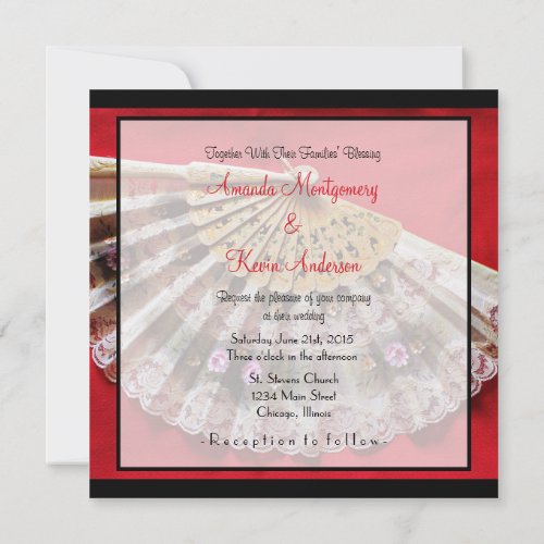 Ornate Hand Held Fan on a Red Background Wedding Invitation