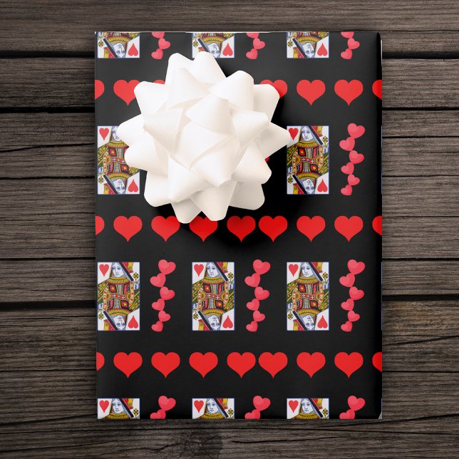 Ornate Heart Queen Playing Card Bright Red Hearts Wrapping Paper Sheets (Ornate Heart queen playing cards rows and clusters of bright red hearts on black gift  wrap sheets.)