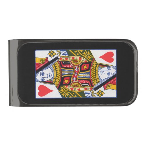 Ornate Heat Queen Playing Card Red Hearts Black Gunmetal Finish Money Clip