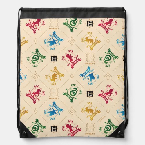 Ornate HOGWARTSâ House Crests Pattern Drawstring Bag