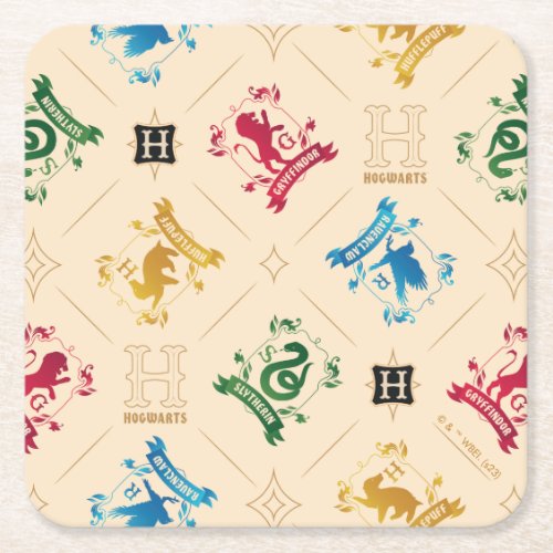 Ornate HOGWARTSâ House Crests Pattern Square Paper Coaster