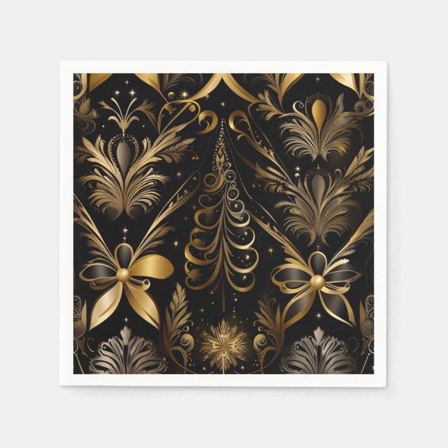 Ornate Holiday Black And Gold Napkins (Front)