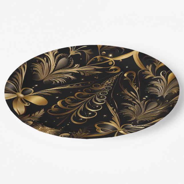Ornate Holiday Black And Gold Paper Plates (Angled)