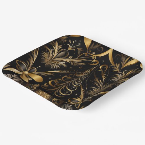 Ornate Holiday Black And Gold Paper Plates