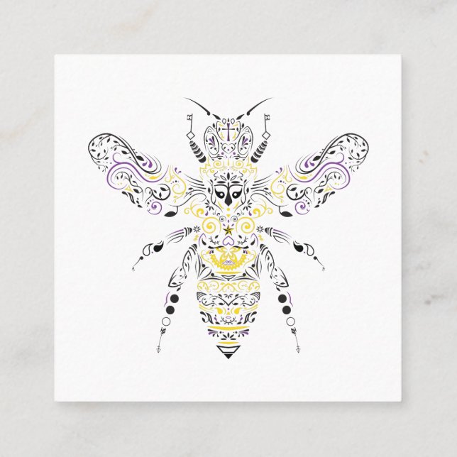 ornate honey bee square business card (Back)