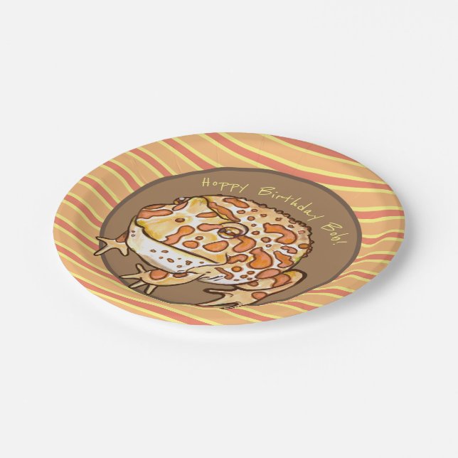 Ornate Horned Frog Hoppy Birthday Personalized Paper Plates (Angled)