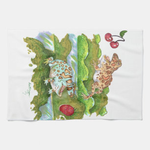 Ornate Horned Frogs Chasing Fruit Art Kitchen Towel