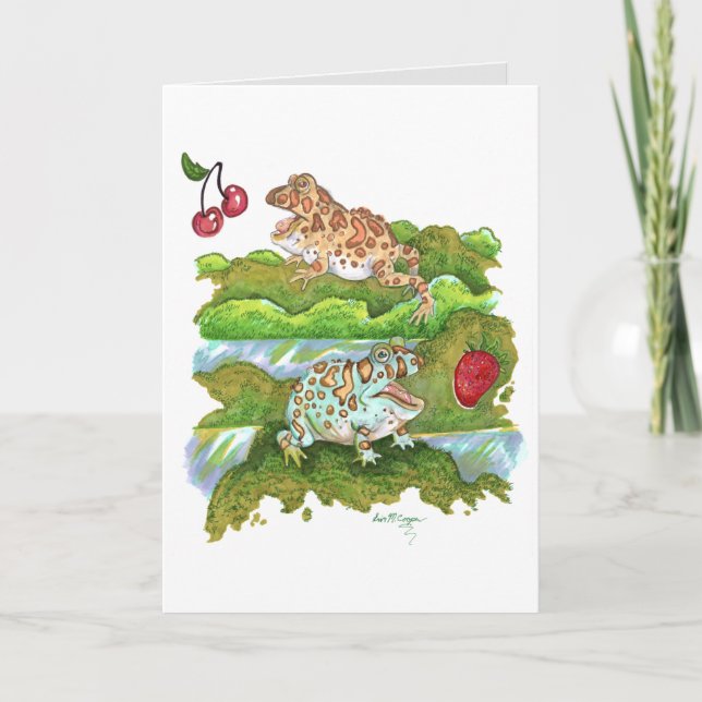Ornate Horned Frogs Chasing Fruit Card (Front)