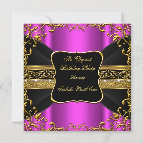 Ornate Hot Pink Black Gold Birthday Party Invitation