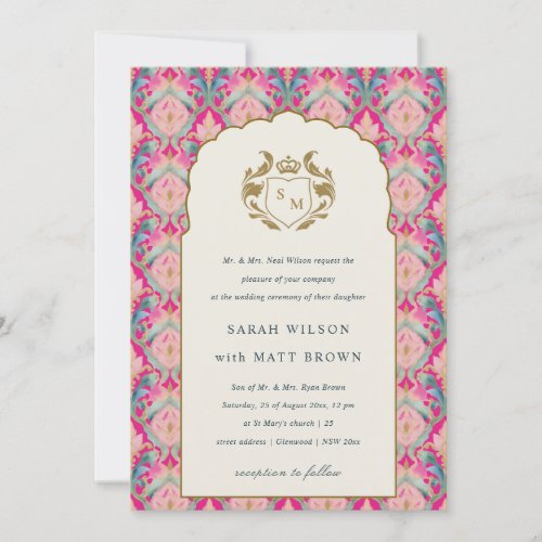 Ornate Hot Pink Gold Classy Floral Laurel Wedding Invitation