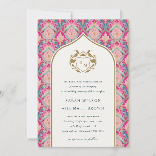 Ornate Hot Pink Gold Classy Floral Laurel Wedding Invitation