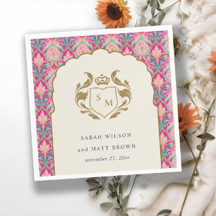 Ornate Hot Pink Gold Classy Floral Laurel Wedding Napkins