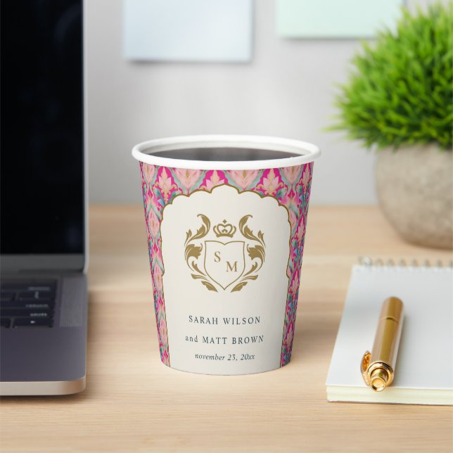 Ornate Hot Pink Gold Classy Floral Laurel Wedding Paper Cups (Insitu)