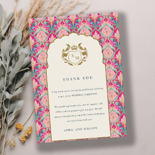Ornate Hot Pink Gold Classy Floral Laurel Wedding Thank You Card