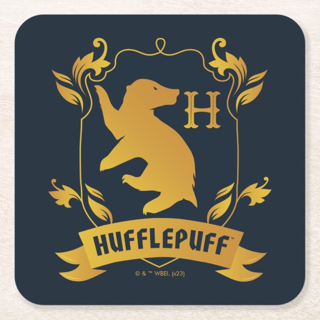 Ornate HUFFLEPUFF™ House Crest Square Paper Coaster (Front)