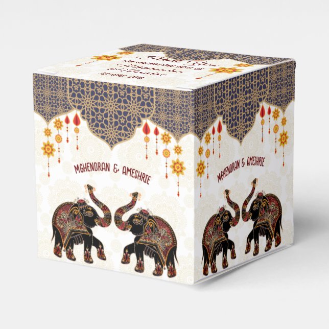 Ornate Indian elephant Indian wedding personalized Favor Boxes (Front Side)